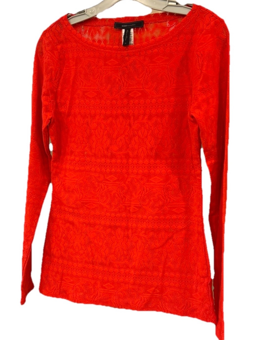 BCBGMAXAZRIA Red Textured Lace Blouse Long Sleeve Top Size M